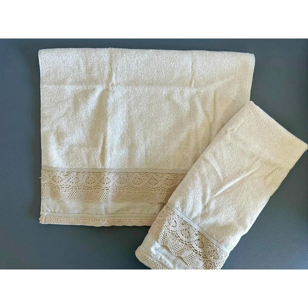 Vintage Hand Towel Set Teal With Lace With Embroidered Detail After Bath Luxury